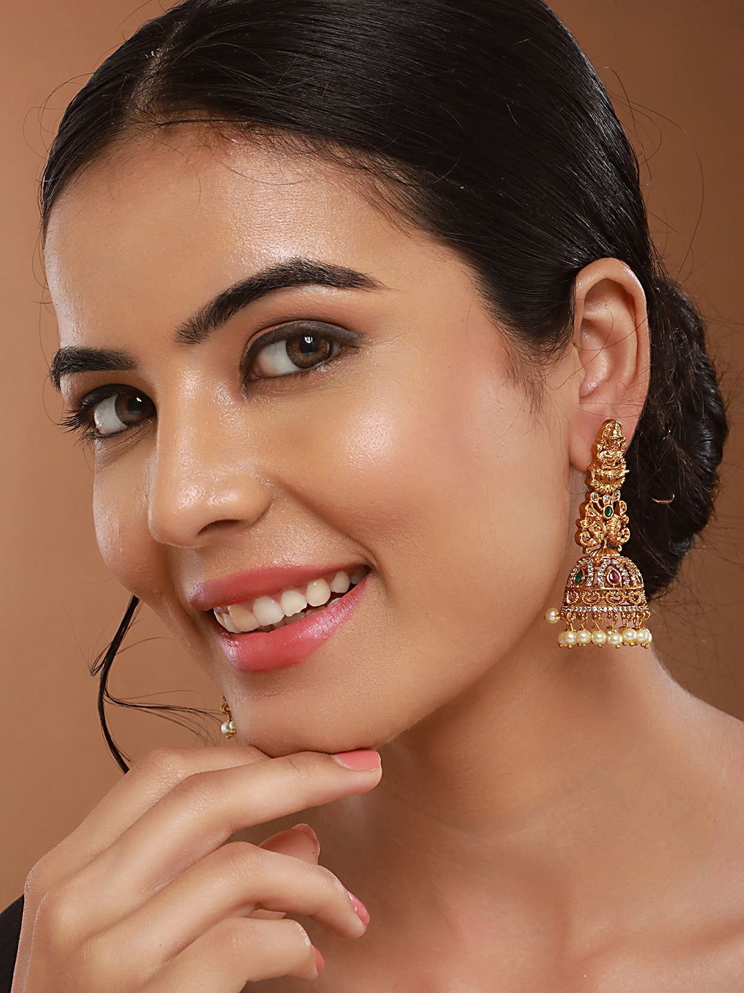 Gold Matt Polish Zircon Studded Lakshmiji Motif Designer Danggling  Earring